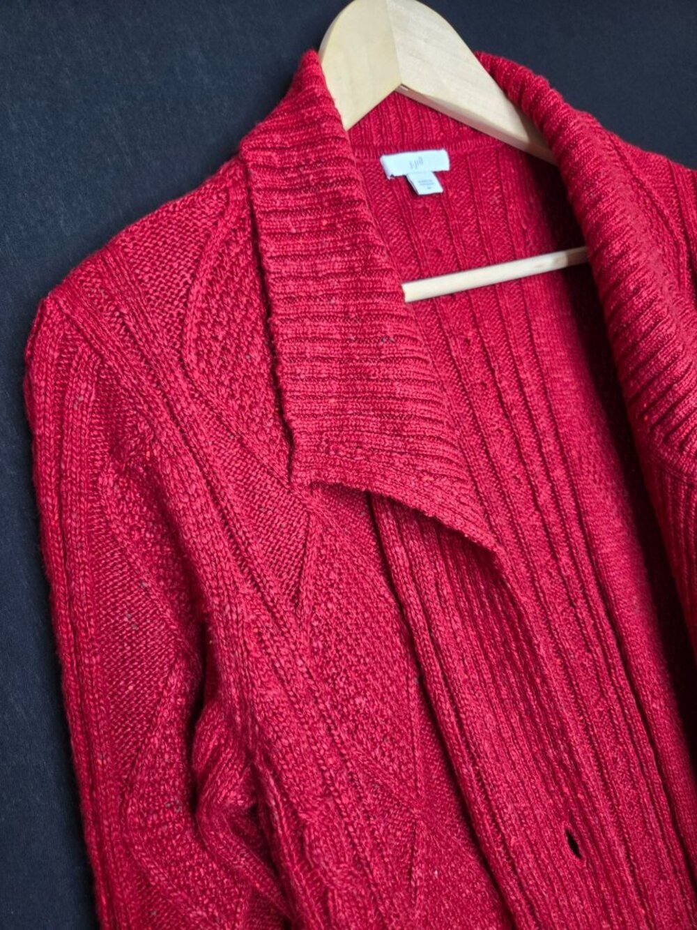 💙 J. Jill Red Cable Knit Long Cardigan Sweater M/L Shawl Collar Button Front - Picture 4 of 8